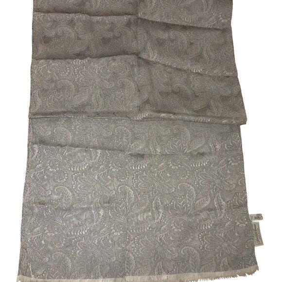 Saks Fifth Avenue Vintage Italian Paisley Silk Scarf Gray Fringed Edges 56 by 17 - Picture 1 of 11